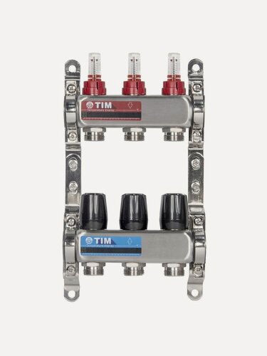 Изображение товара Коллекторная группа 3 контура с расходомерами 1" * 3/4" E, нерж. сталь, TIM, KDS5003