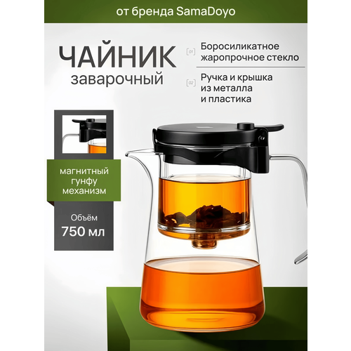 фото Чайник заварочный гунфу типот с кнопкой samadoyo bonston premium из боросиликатного стекла, 750 мл