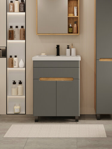 Изображение товара Тумба напольная Vannika Bliss 60 с раковиной Фостер 60 для ванной комнаты, графит софт