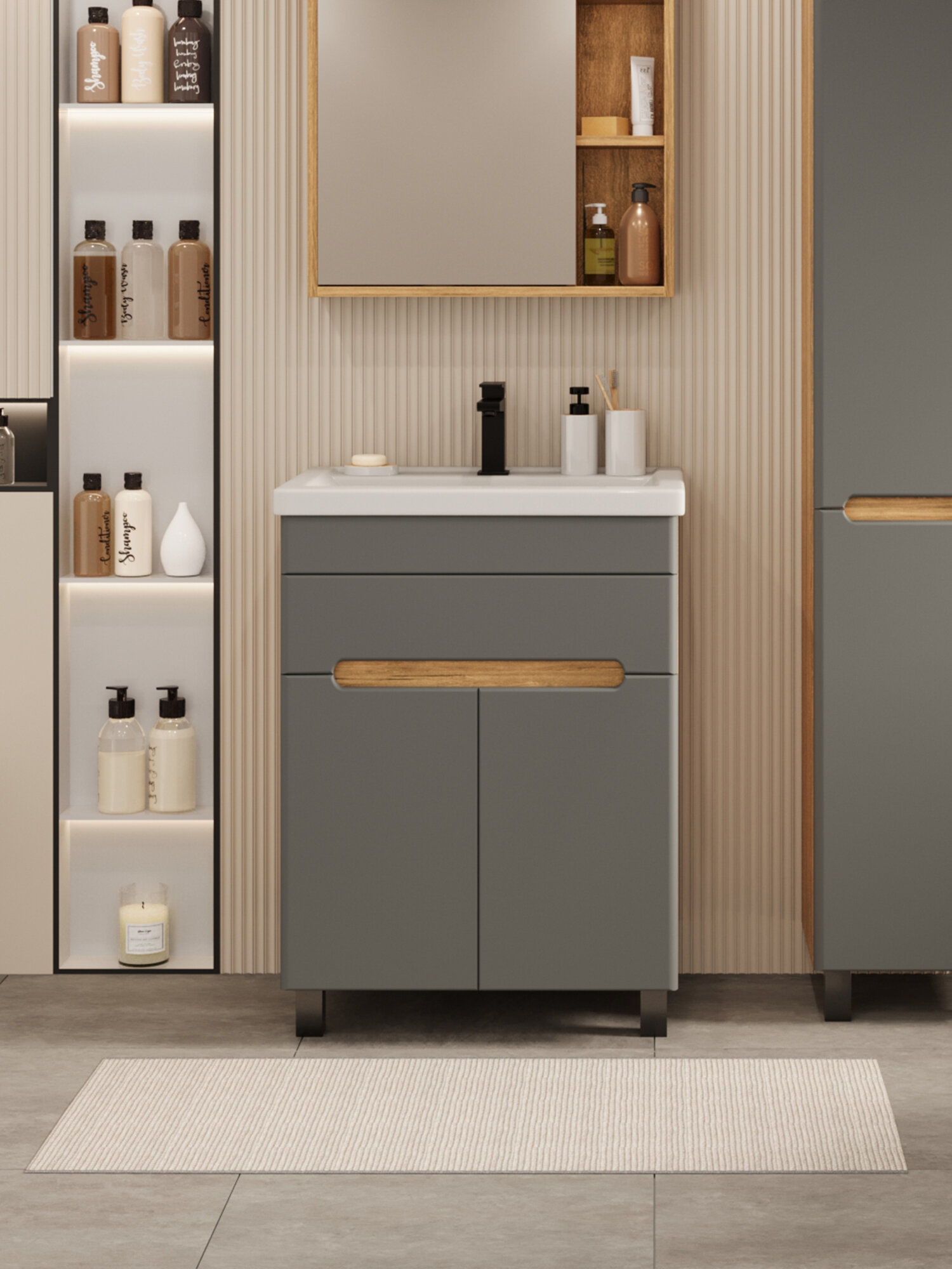 Тумба напольная Vannika Bliss 60 с раковиной Фостер 60 для ванной комнаты графит софт