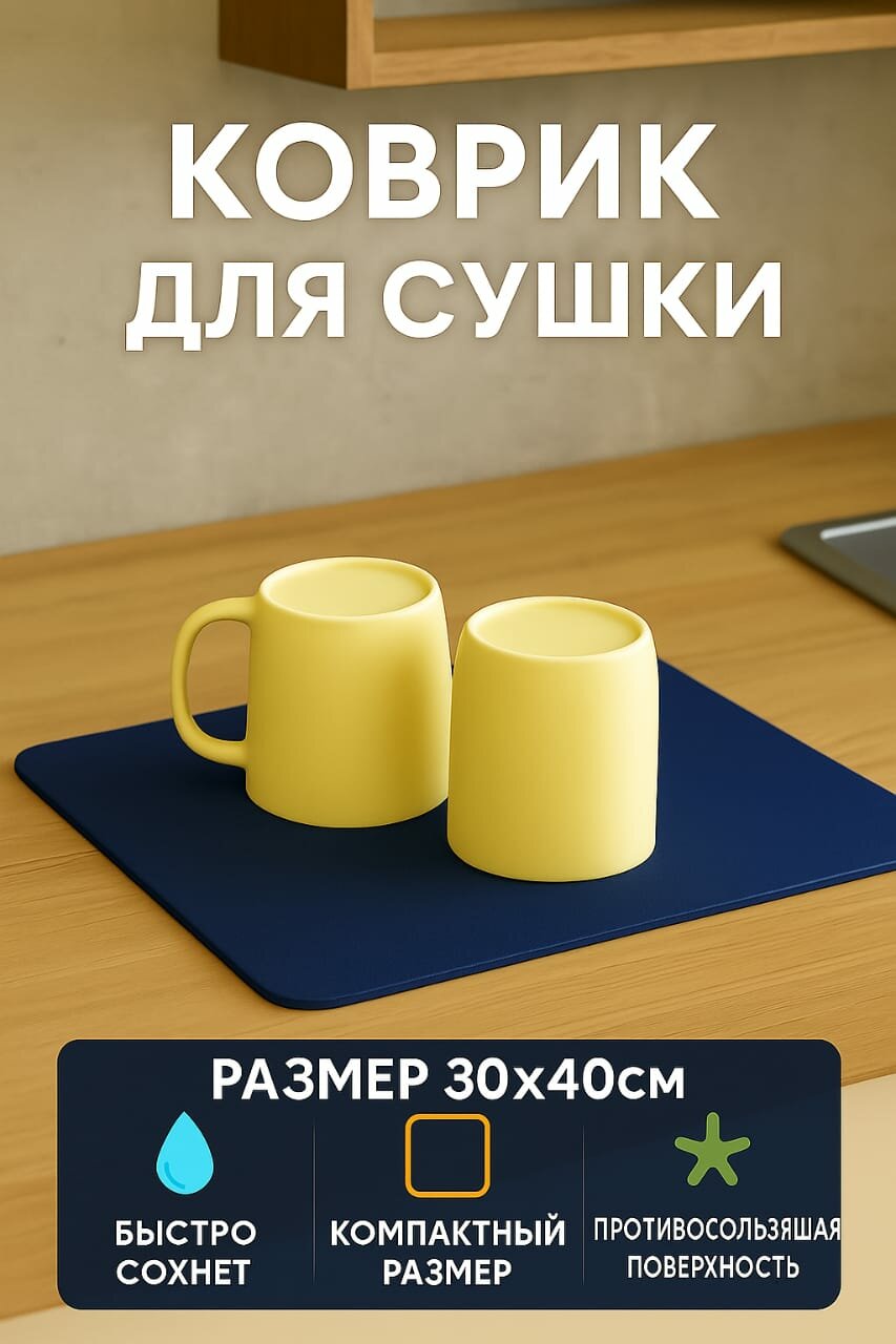 Коврик для сушки посуды впитывающий цвет темно-синий 30х40см