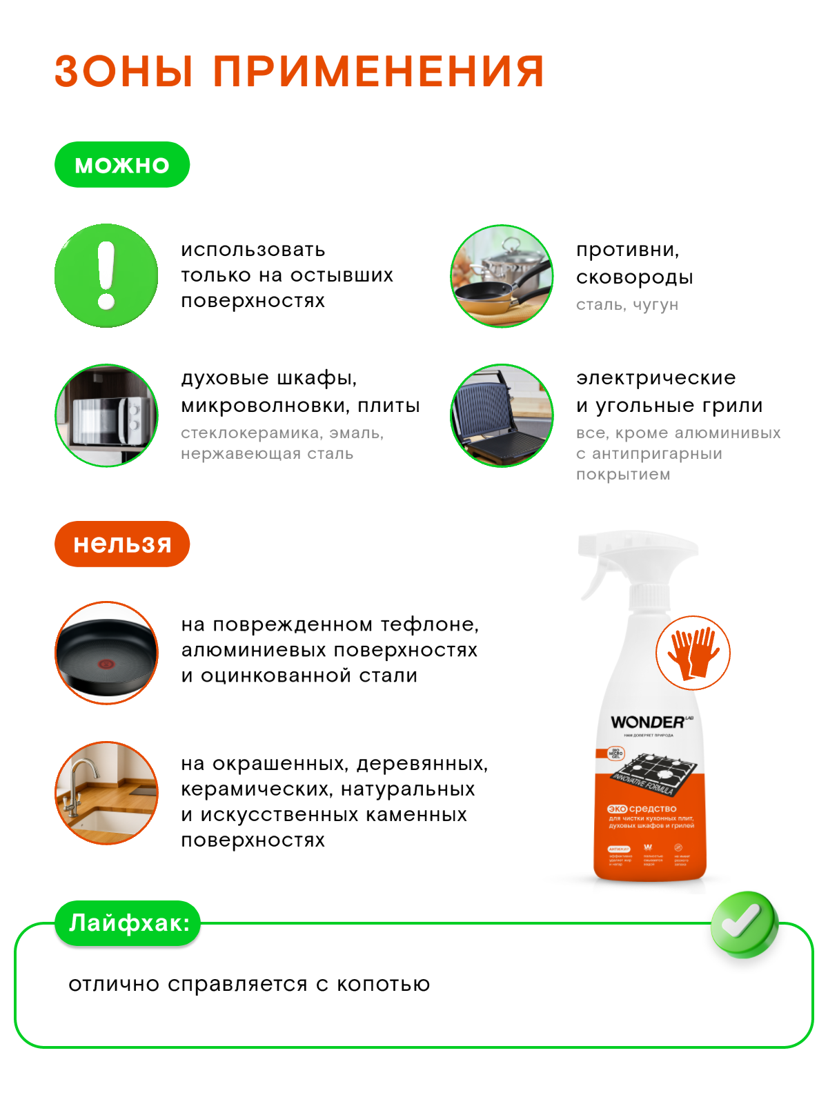 Антижир для кухни без резкого запаха, чистящее средство для плит, духовок и грилей, Wonder Lab, против стойкой грязи, 0,55 л — фото 1