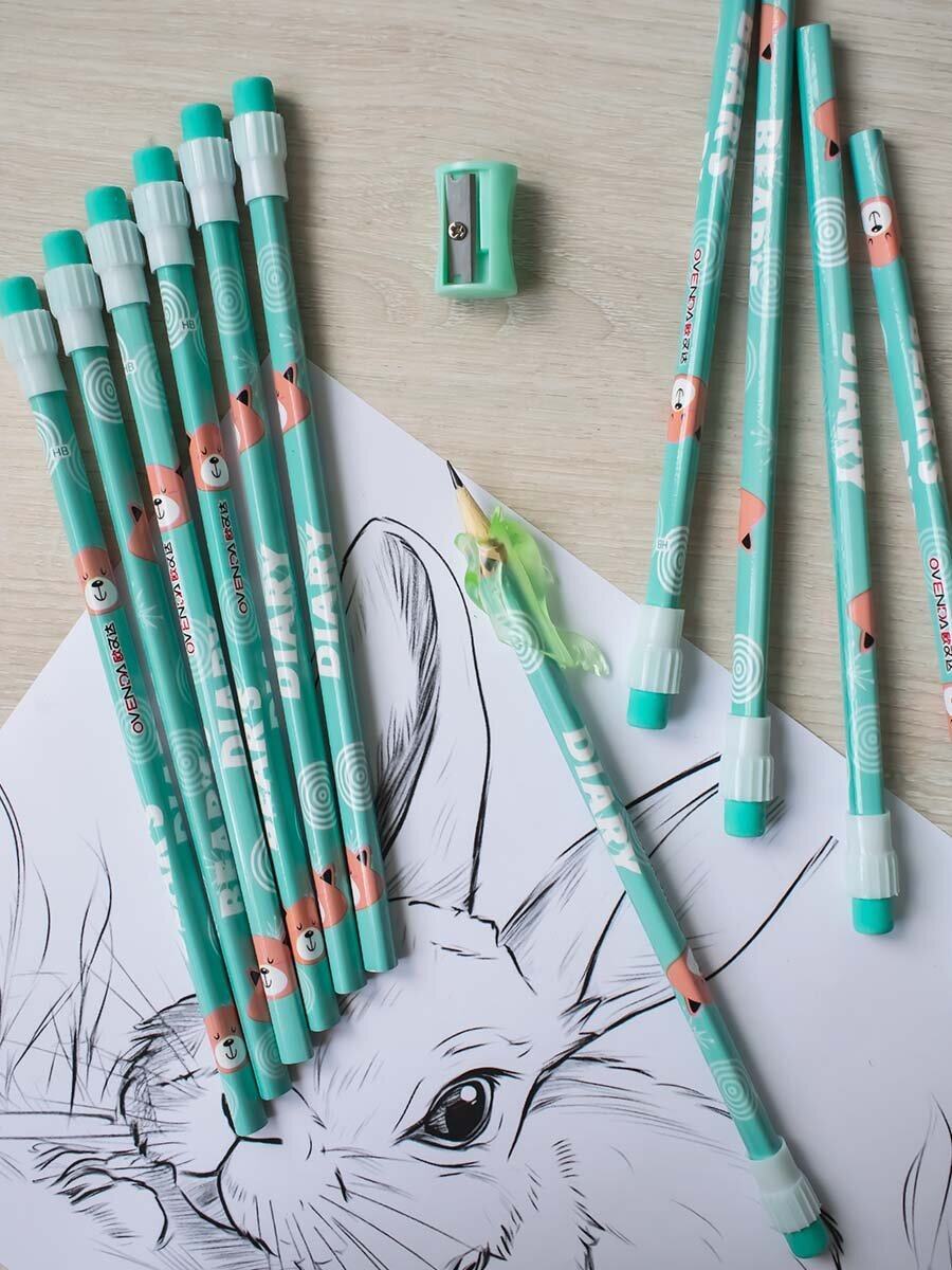 Карандаши простые чернографитные для школы ТМ/HB с ластиками и точилкой набор 11 штук незаточенные — фото 1