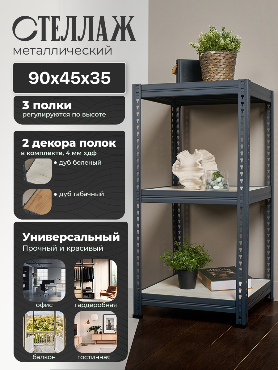 Стеллаж металлический напольный Лофт 90х45х35 с двумя комплектами полок