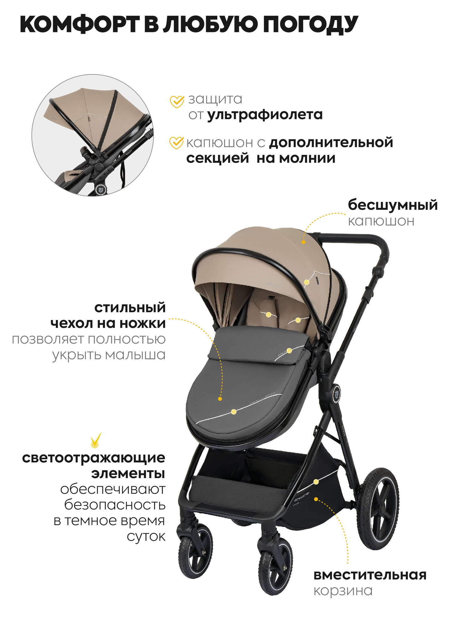 Коляска трансформер 2 в 1 для новорожденных Jovola Folk+, бежевый — фото 1