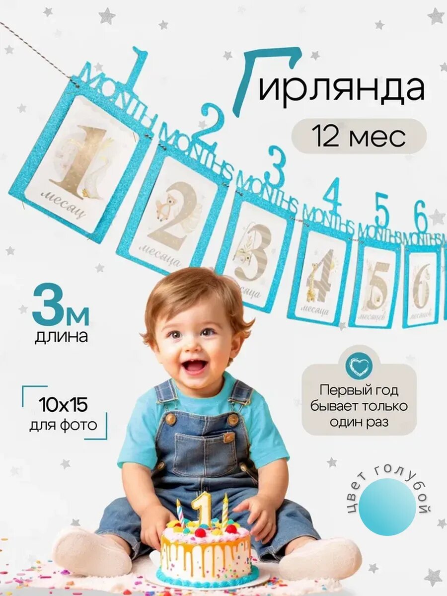 Гирлянда-растяжка "Первый годик" для фотосессии, на 1-й день рождения, голубая