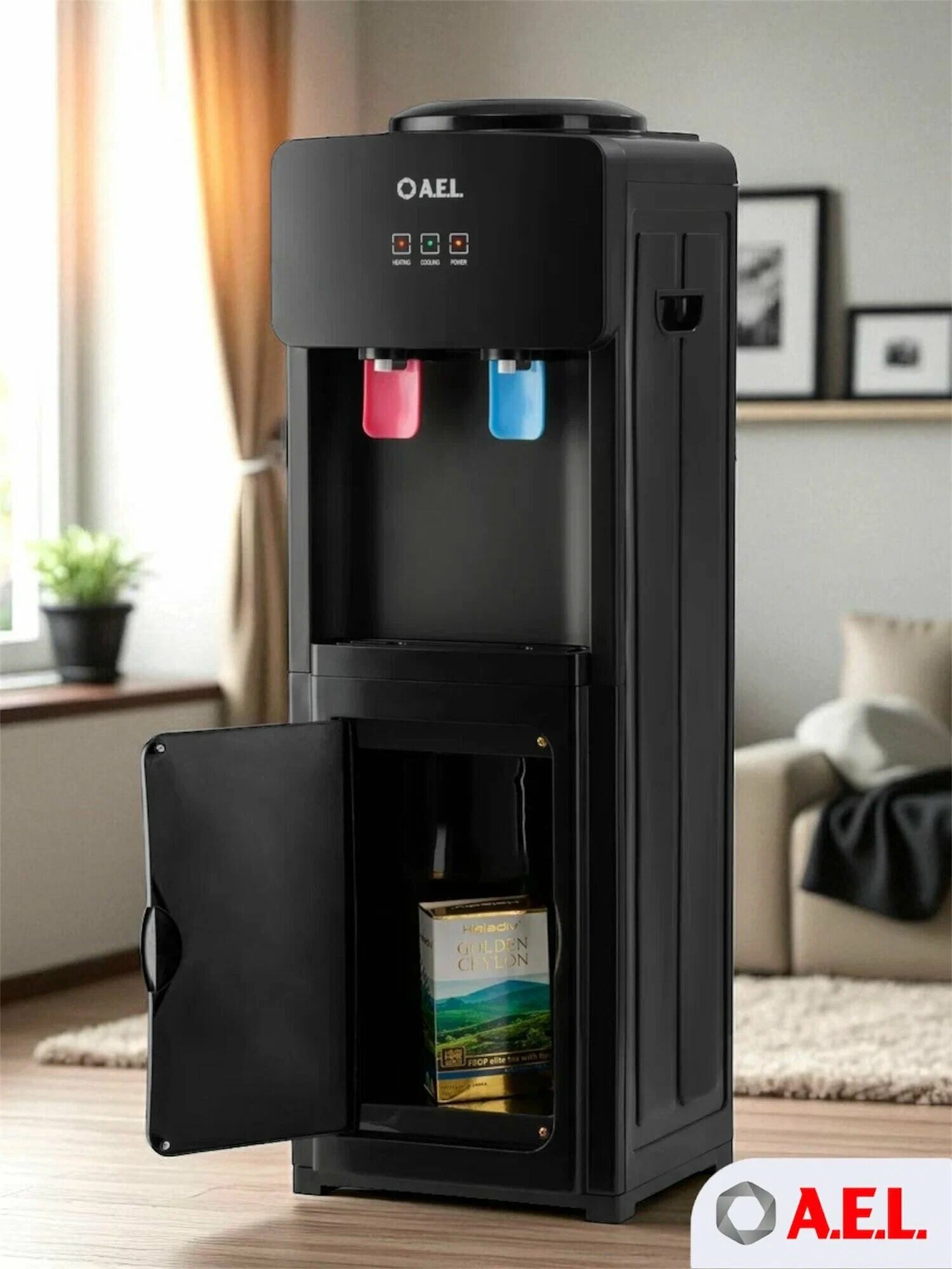 Кулер для воды напольный AEL LD 86c full black с нагревом электронным охлаждением и встроенным шкафчиком