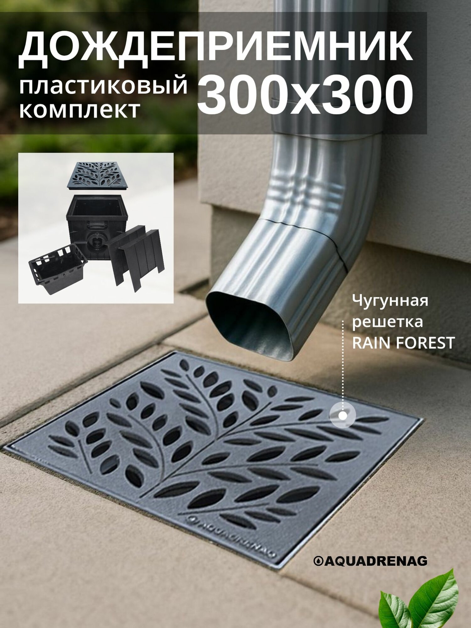 Дождеприемник пластиковый Aquadrenag RAIN BOX 300х300 (В сборе) с решеткой чугунной RAIN FOREST корзинкой и перегородкой - сифоном