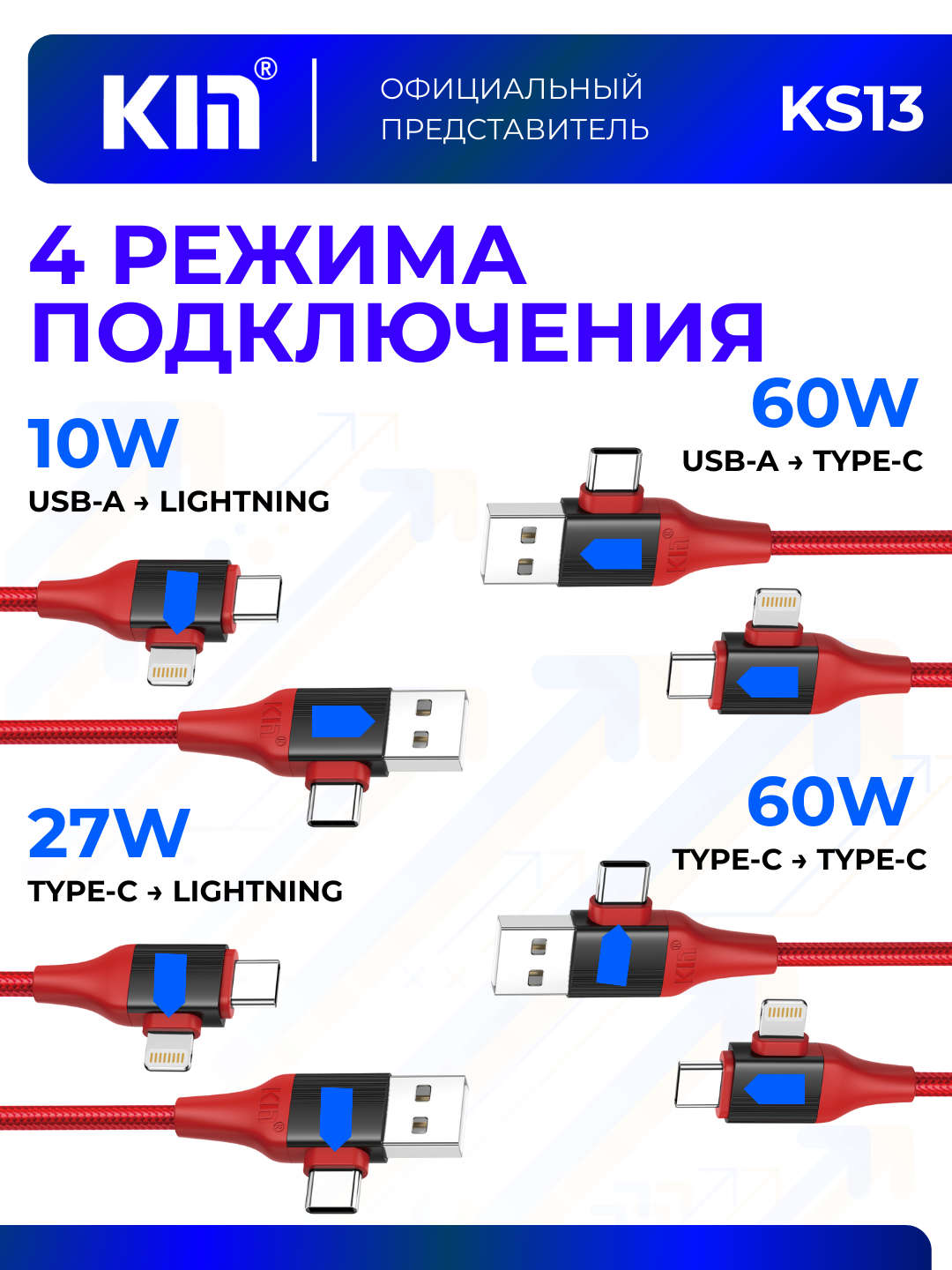 Кабель KIN KS13 4-в-1 USB + Lightning + Type-C, быстрая зарядка, 100см, черный — фото 1