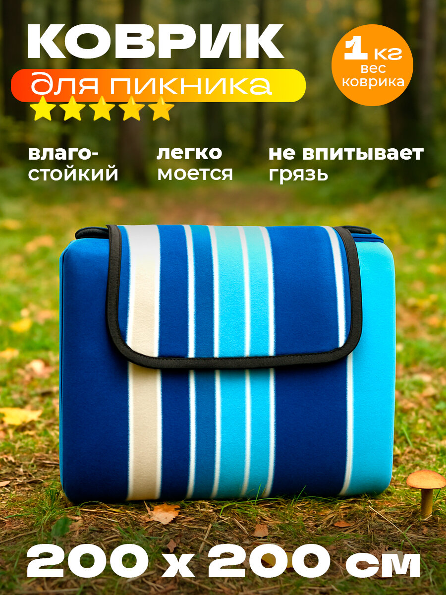 Коврик для пикника BMPM006-2 200х200 см синий/пляжное покрывало/скатерть-плед на землю/плед в поход