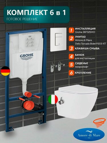 Изображение товара Инсталляция с унитазом 6 в 1: инсталляция Grohe 38732SHO+унитаз Amore di Mare Delio Tornado Bidet P203-XT с функцией биде