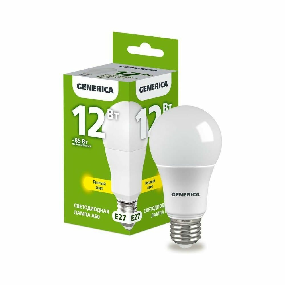 Лампа светодиодная A60 12Вт грушевидная 3000К E27 230В GENERICA LL-A60-12-230-30-E27-G