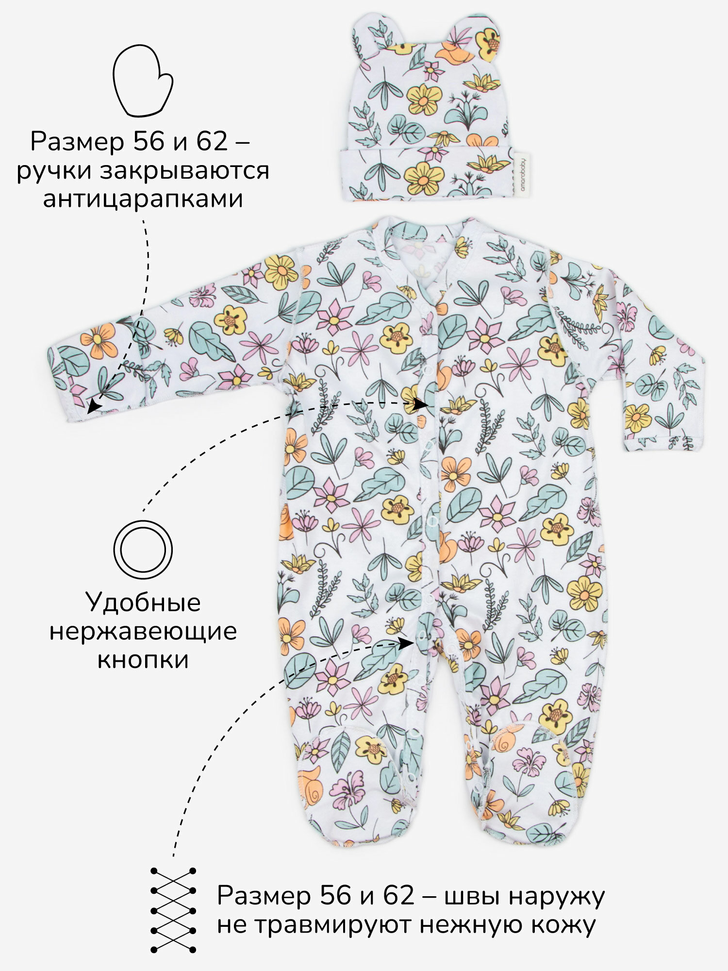 Комбинезон Amarobaby Nature, закрытая стопа, комплект из 2 шт., размер 56-62, бирюзовый — фото 1