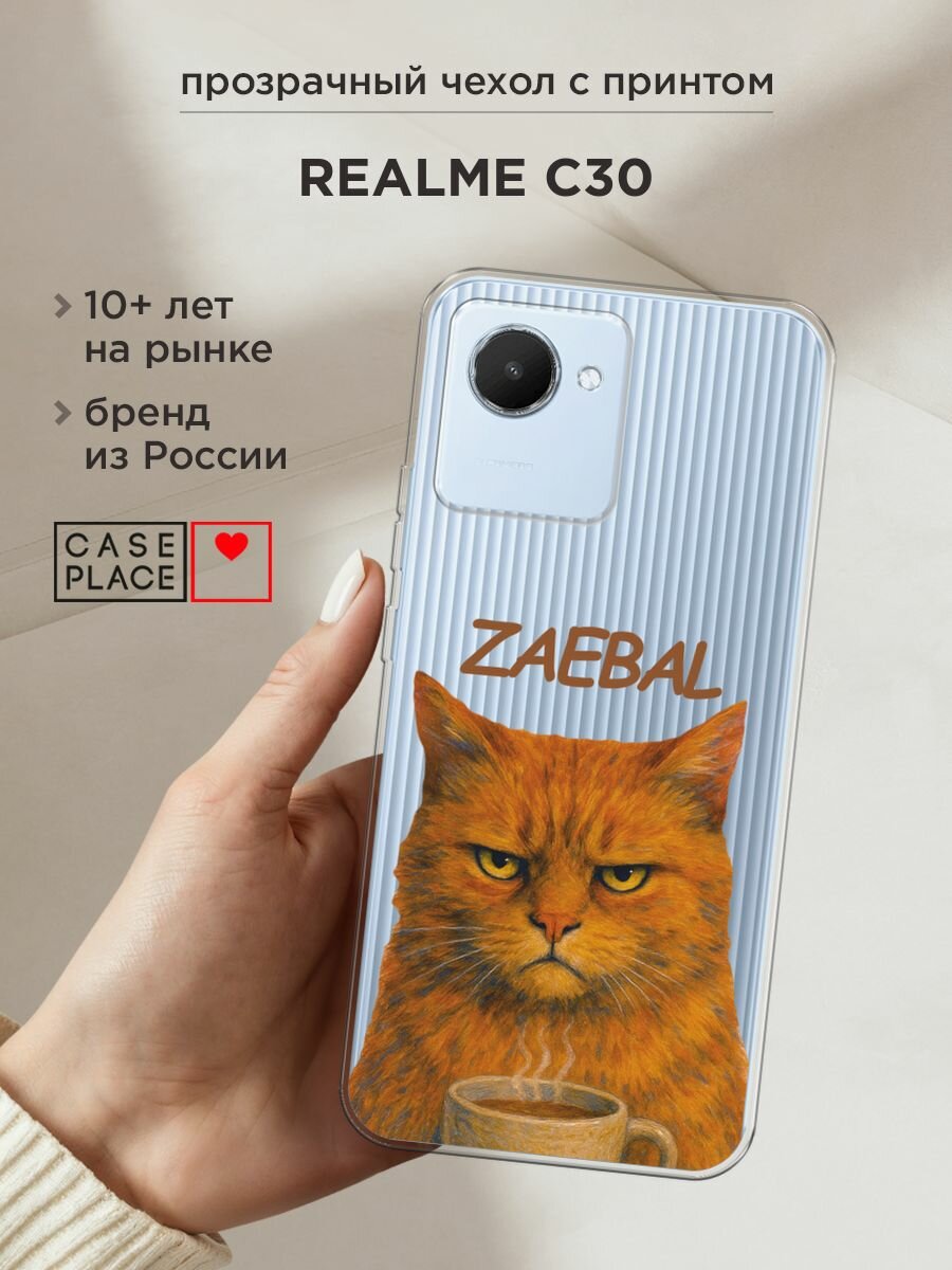 Чехол на Realme C30 / Реалми C30 с принтом "Рыжий кот с надписью", прозрачный