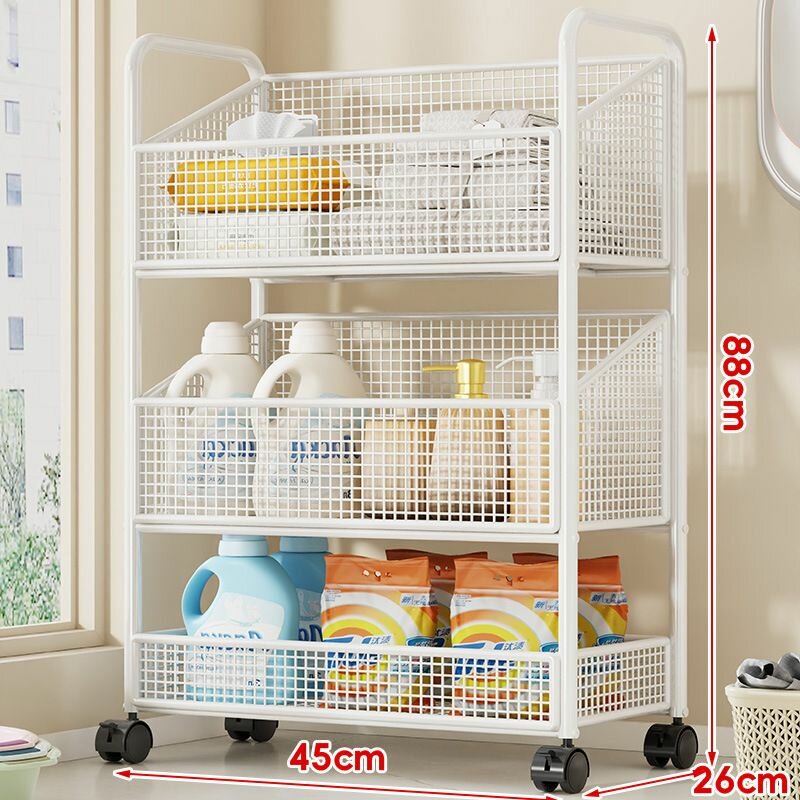 Напольная передвижная полка из металла и пластика, 3 уровня, 88x26x45 см, для кухни и ванной