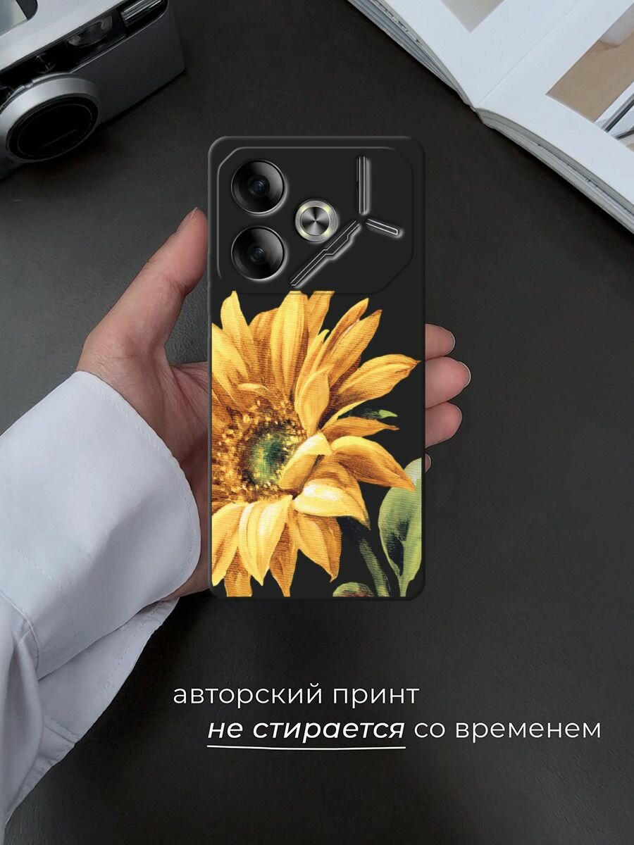 Черный матовый чехол на Tecno Pova 6 / Текно Пова 6 с принтом "Желтая хризантема" — фото 1