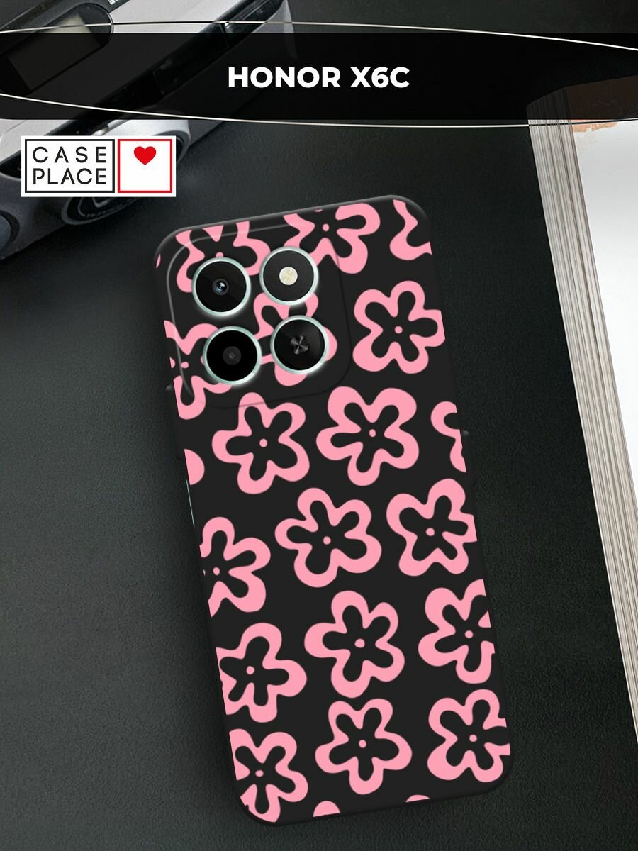 Черный матовый чехол на Honor X6c / Хонор X6c с принтом "Простые розовые цветочки"