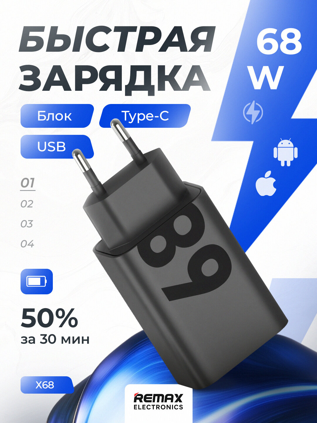 Адаптер зарядного устройства, мощность 50W для Samsung, Redmi и iPhone, вход USB/Type-C