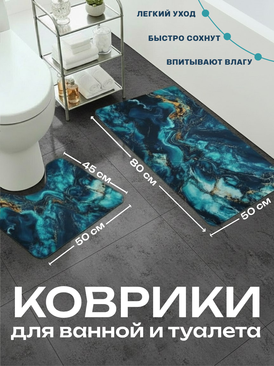 Набор ковриков для ванной и туалета 50х80 см 50х45 см противоскользящие бирюзовые 2 шт
