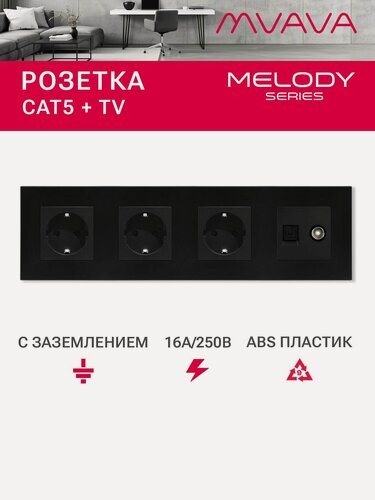 Изображение товара Розетка 4 поста с интернет/тв, CAT5e/TV, рамка 299х86мм пластик, цвет черный