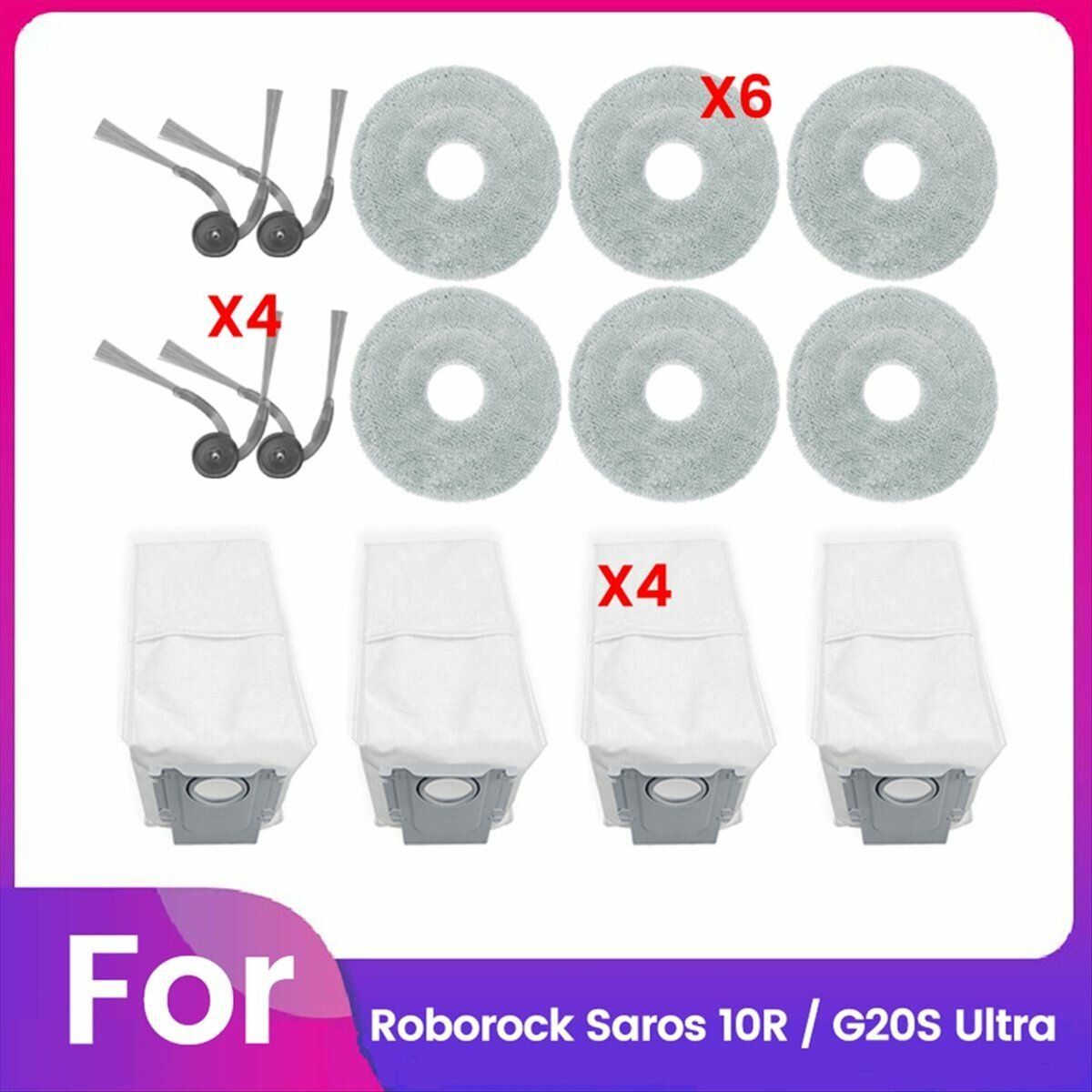 14 шт. для пылесоса Roborock Saros 10R / G20S Ultra, моющиеся боковые щетки, салфетки для швабры, пылесборник, аксессуары