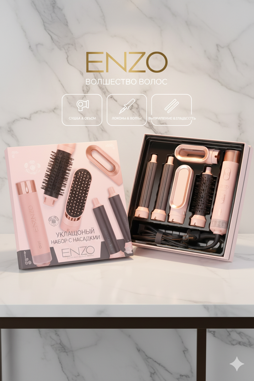 Фен, Сочинский куритгич-стайлер сверхзвуковой Enzo 5 насадок, 1500 Вт