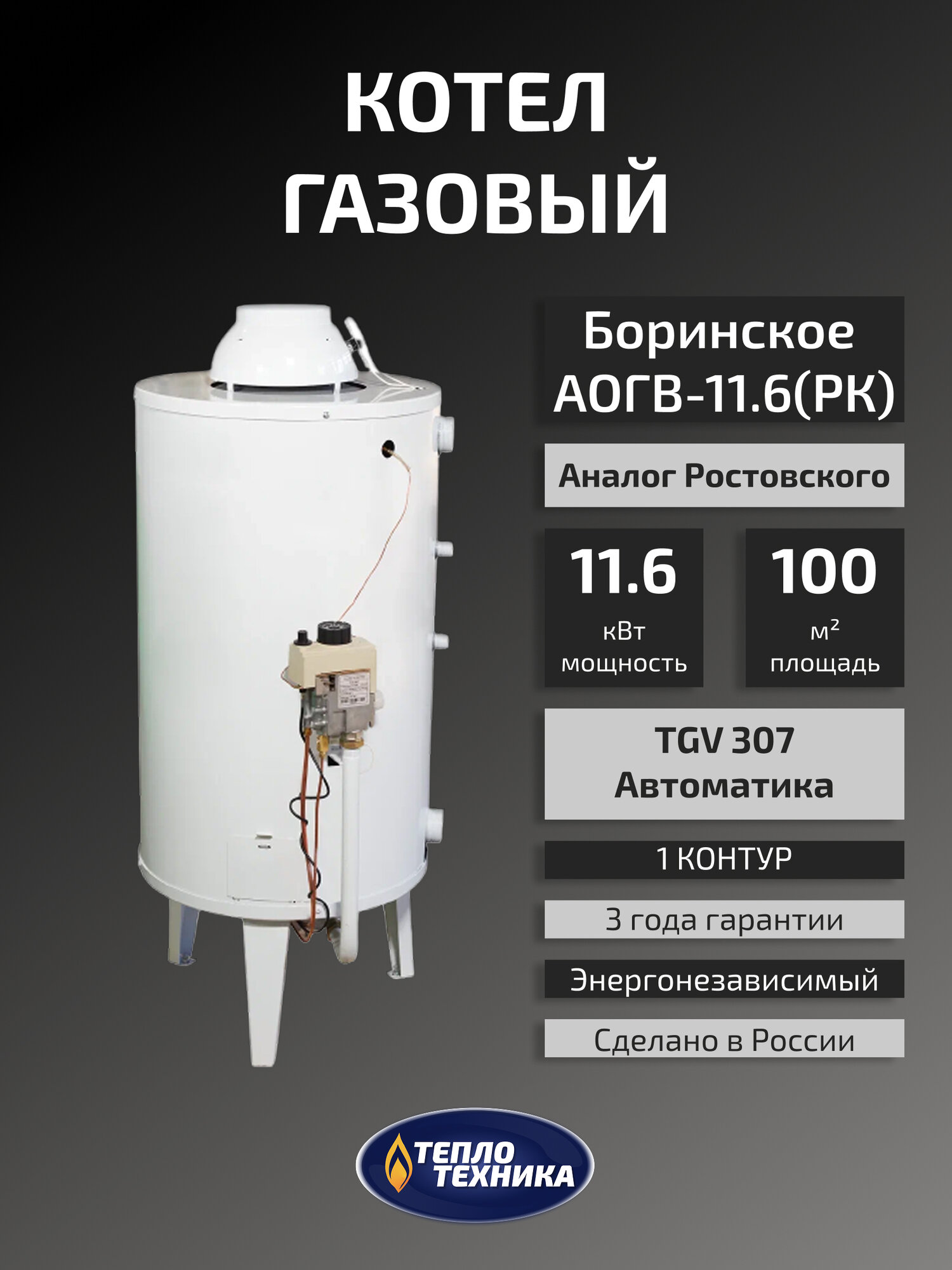 Газовый котел напольный Боринское АОГВ -11.6 (РК) авт. TGV  11.6 кВт одноконтурный (Под Ростовский круглый)