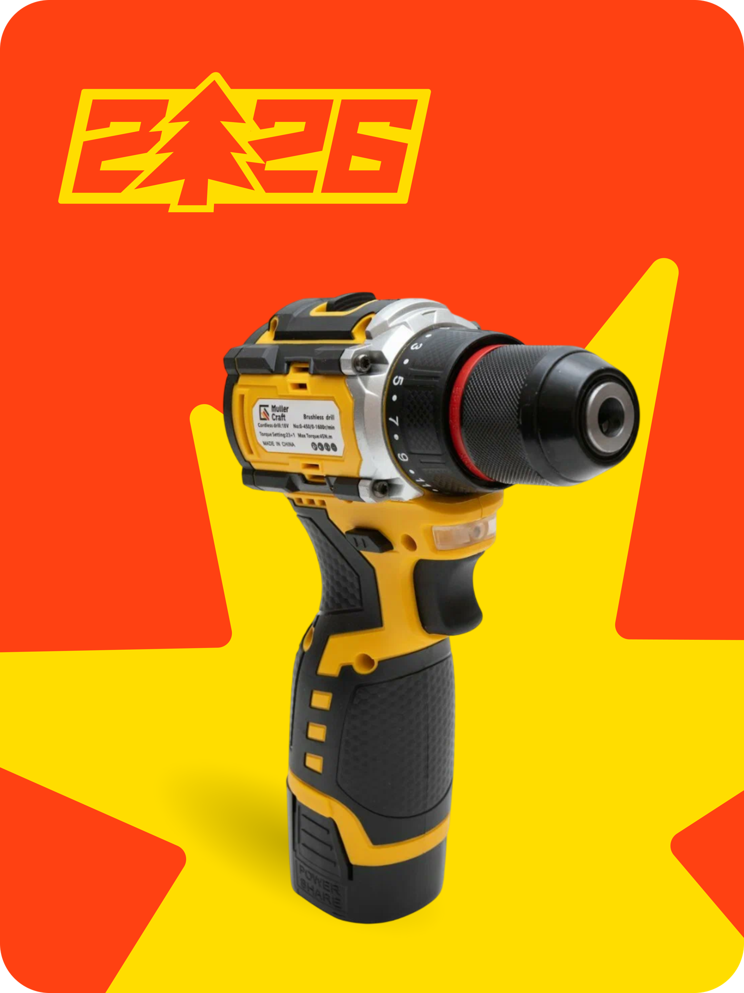 Аккумуляторная дрель-шуруповерт Muller Craft, бесщеточная 21B, набор из 124 предметов