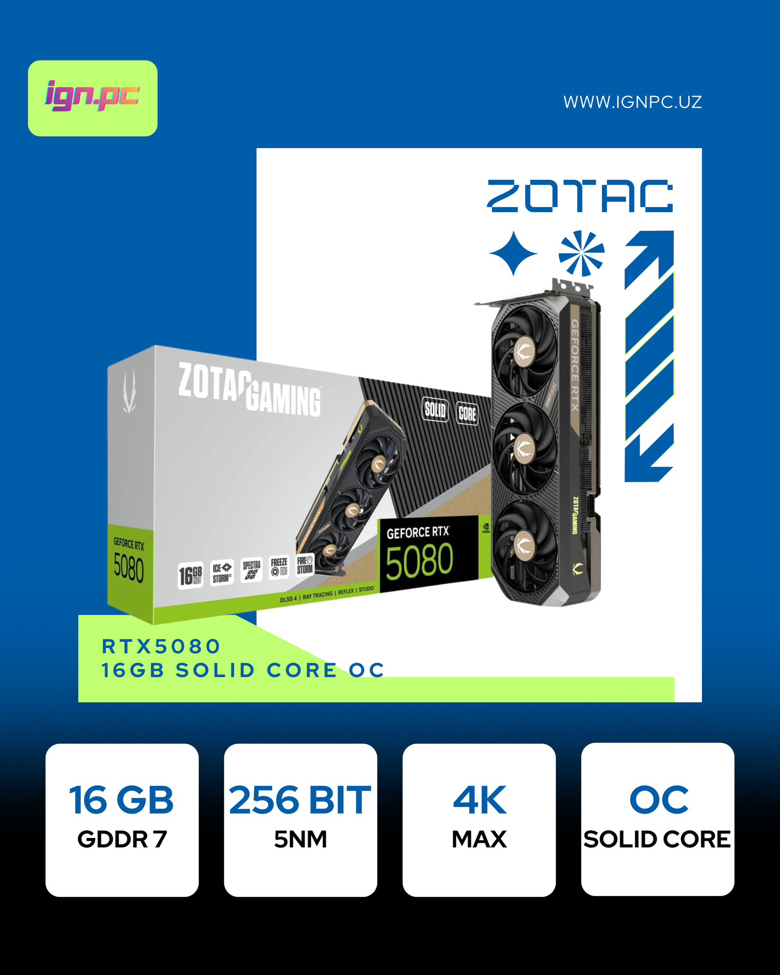 Видеокарта Zotac GeForce RTX 5080, 16ГБ, GDDR7, 256 бит, HDMI, 3-DP, ZT-B50800J2-10P