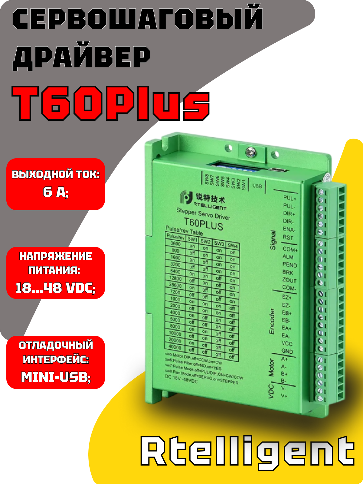 Программируемый драйвер сервошаговых двигателей Rtelligent модель T60Plus