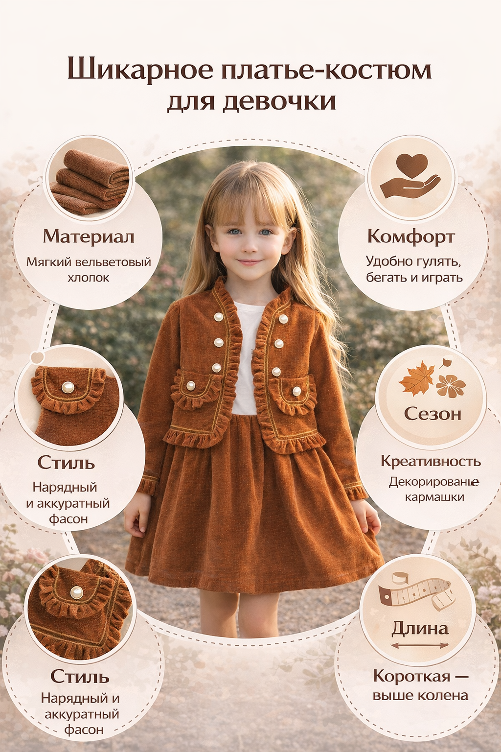 Платье, комплект, размер 5-9 лет, коричневый — фото 1