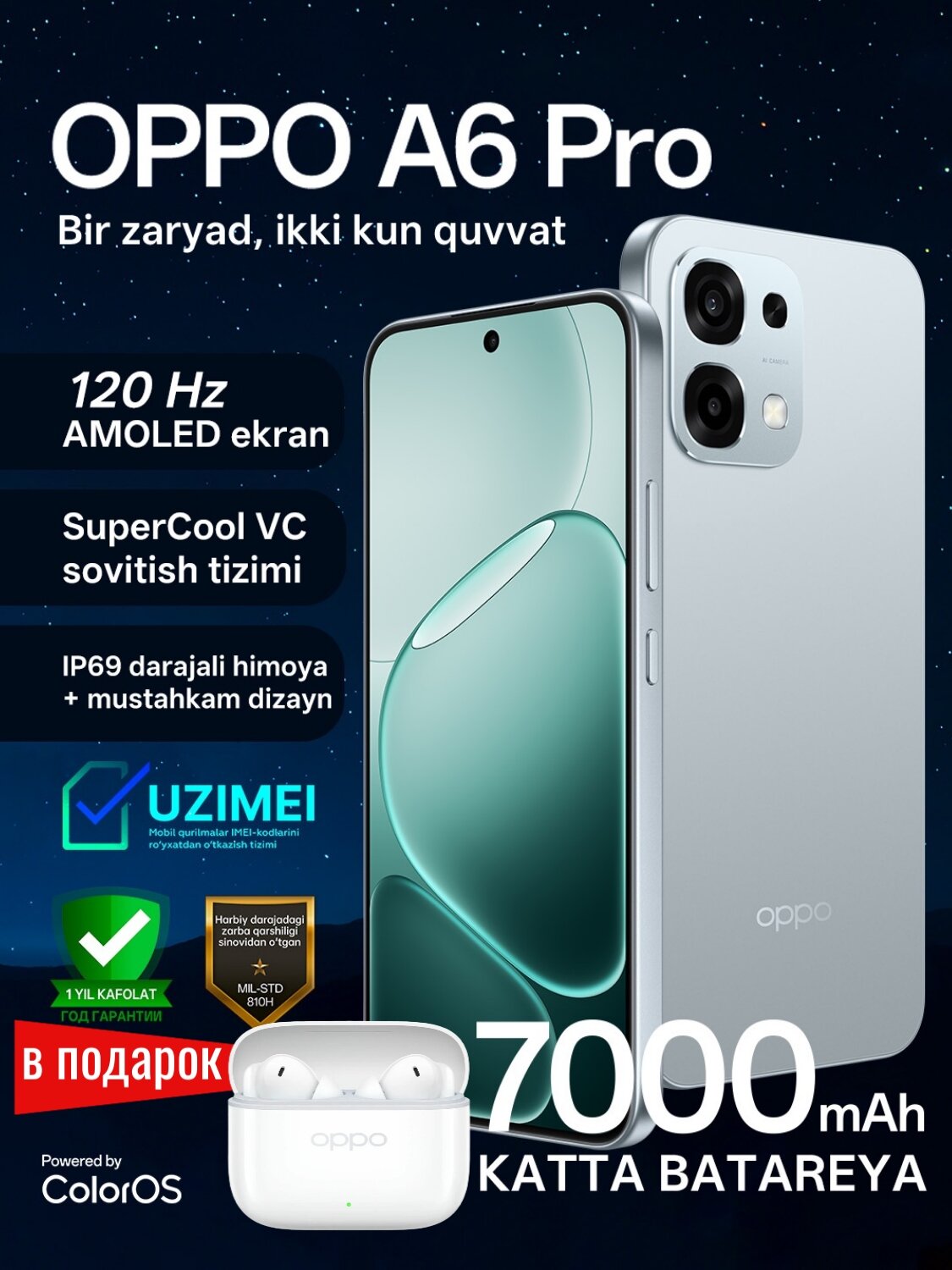 Смартфон OPPO A6 Pro 8/256GB, Lunar Titanium | "Серебристо-титановый", 1 год гарантии + наушники OPPO Enco buds 3 pro