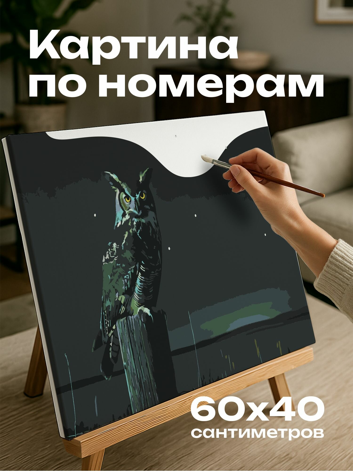 Картина по номерам 60x40 см, сова, рогатая, свет Луны, деревянный столб, забор, открытое поле, желтые глаза, оперение