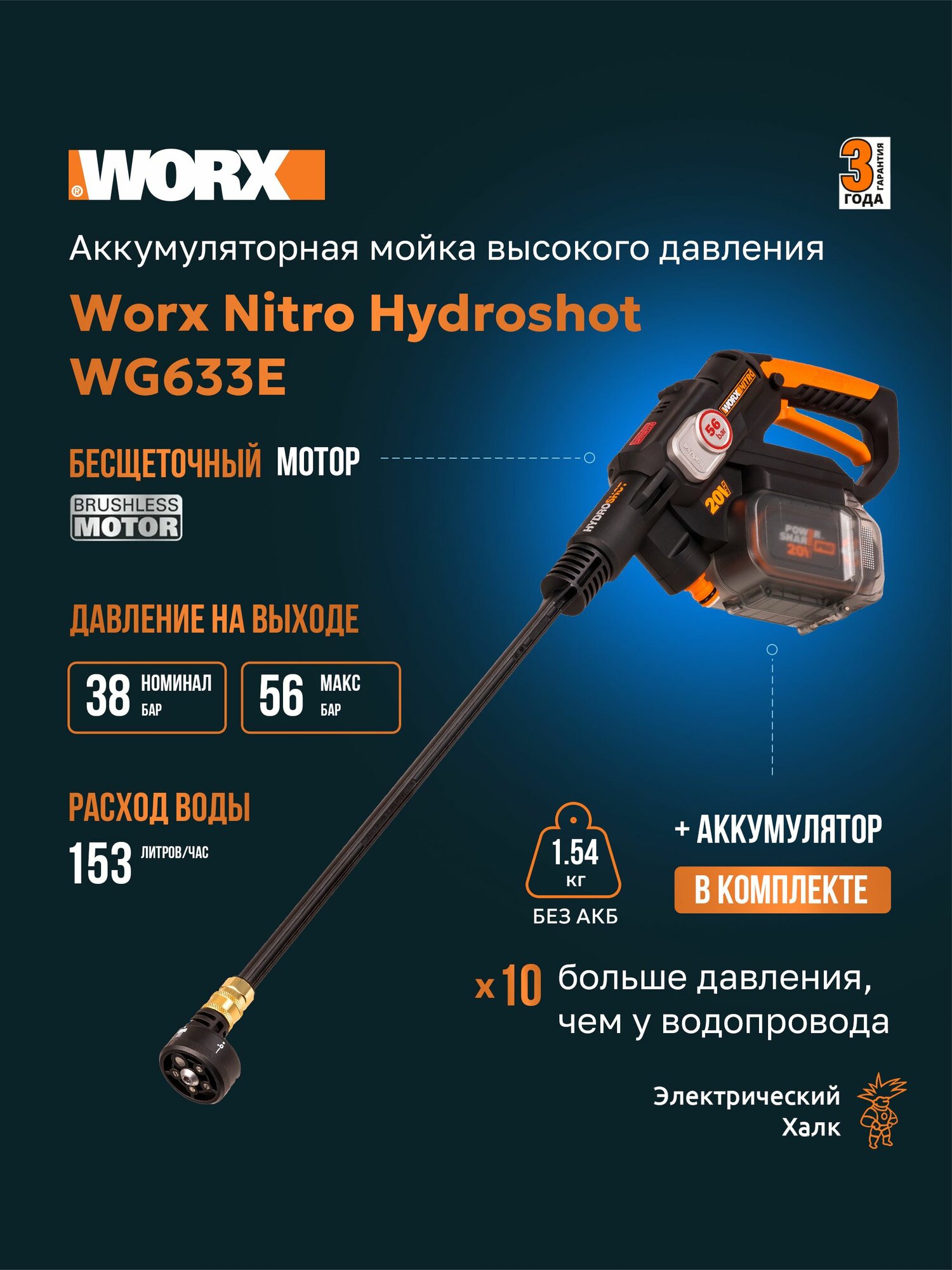 Аккумуляторная мойка высокого давления с бесщеточным мотором Worx Nitro Hydroshot WG633E, 20В, 56 бар, 220 литров/час, АКБ 4 Ач + ЗУ 2 А