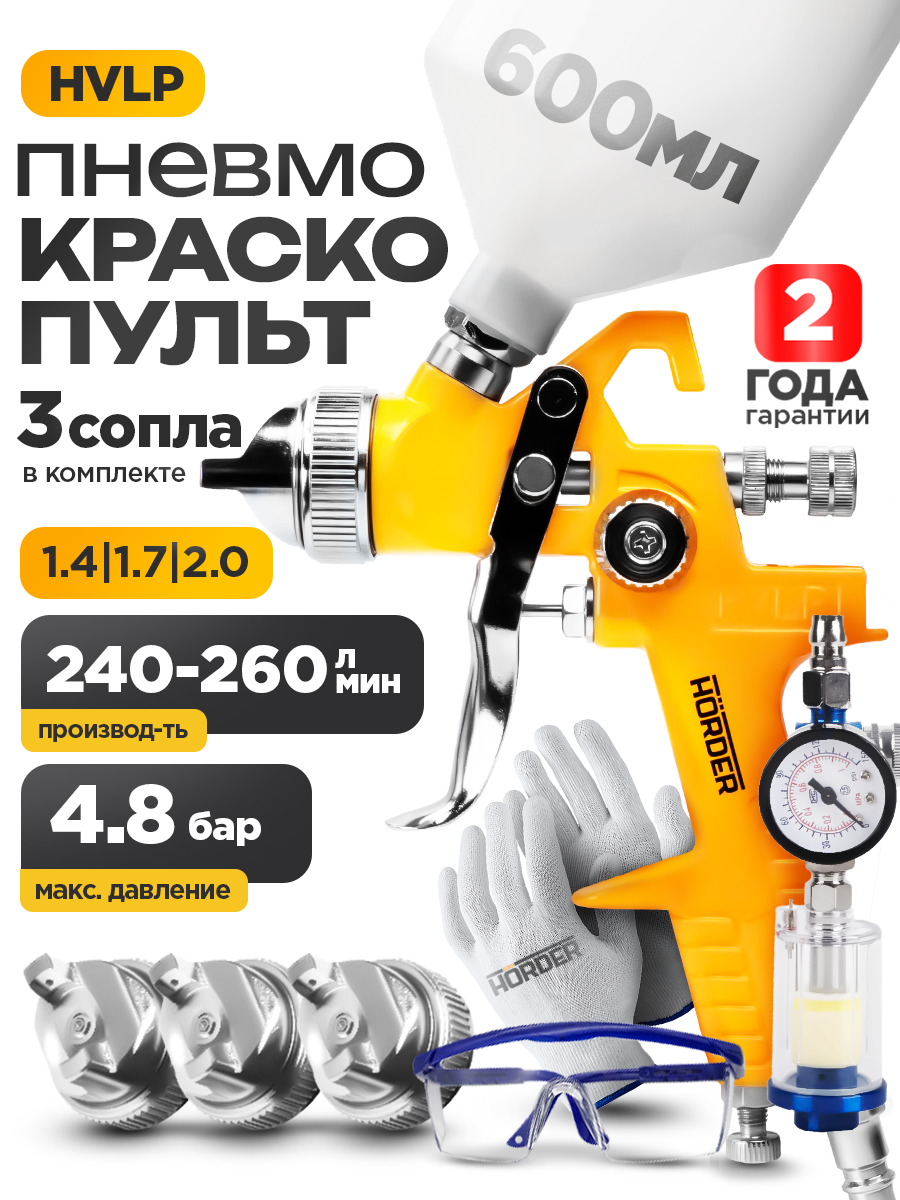 Краскопульт для компрессора, пневматический HORDER 4,8 бар, 250 л/мин, пистолет-распылитель для покраски