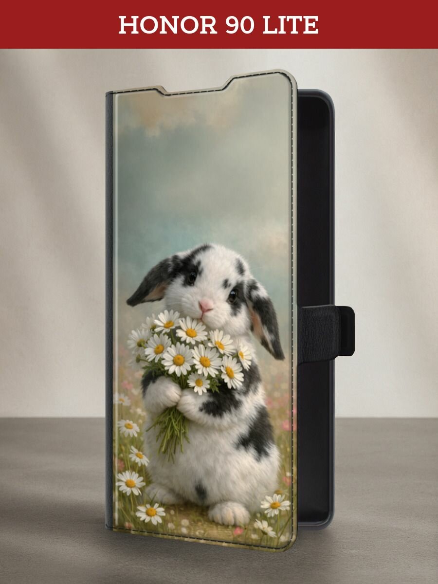 Чехол-книжка на Honor 90 Lite / Хонор 90 Лайт с принтом Кролик с букетом ромашек, черный