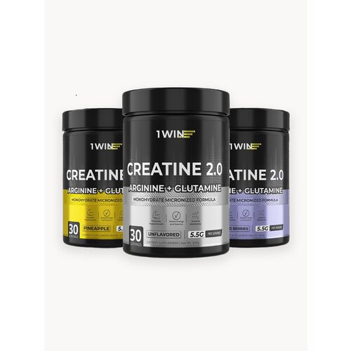 Комплект Креатинов 2.0: Креатин моногидрат порошок + глютамин + аргинин, вкус Нейтральный, Ягоды, Ананас, 90 порций