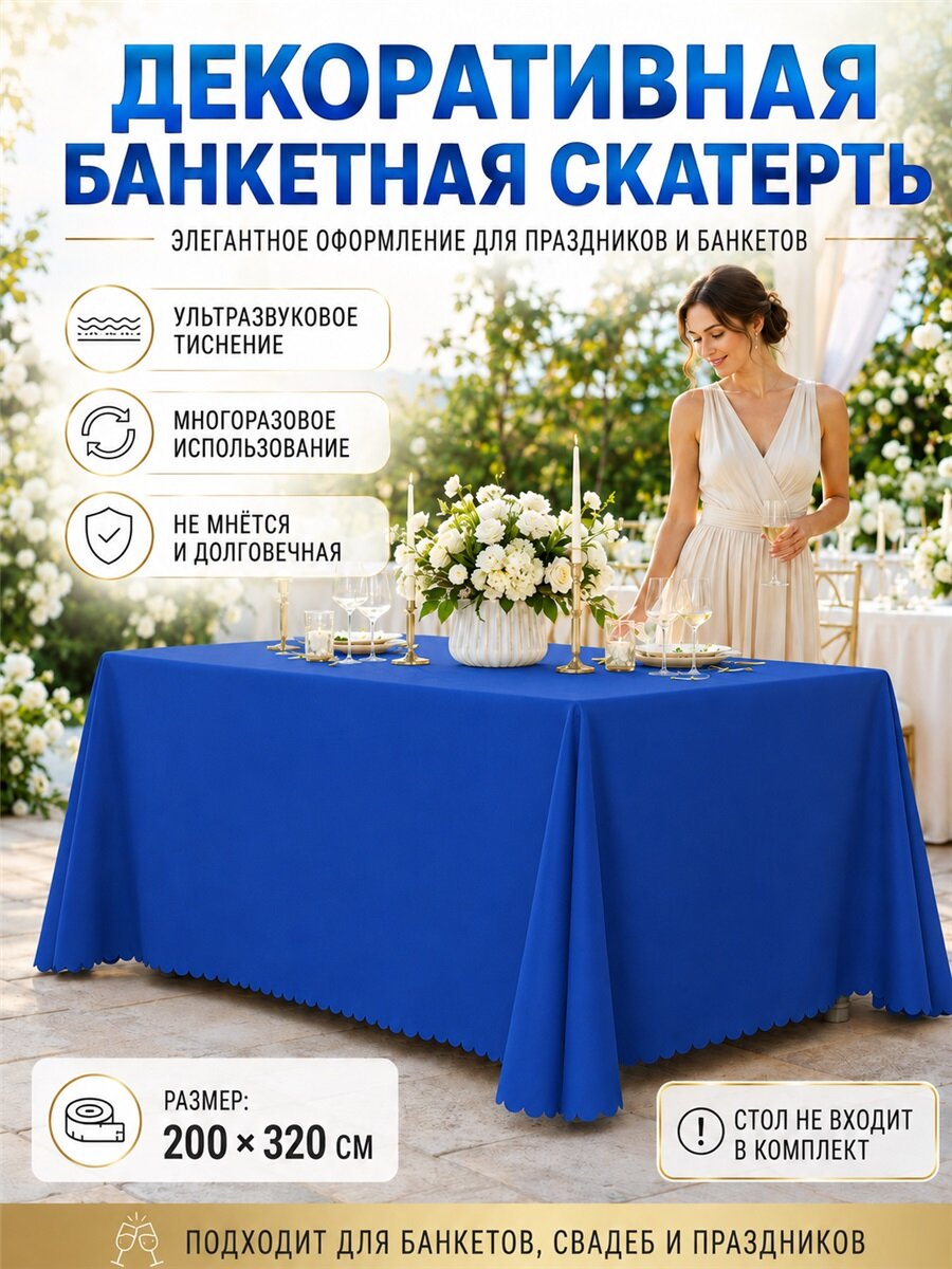 Декоративная банкетная скатерть долговечная ткань не мнётся, волнистый край для оформления кейтеринга и торжеств
