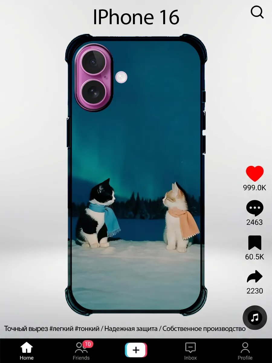 Чехол на iPhone 16 с принтом милые коты северное сияние