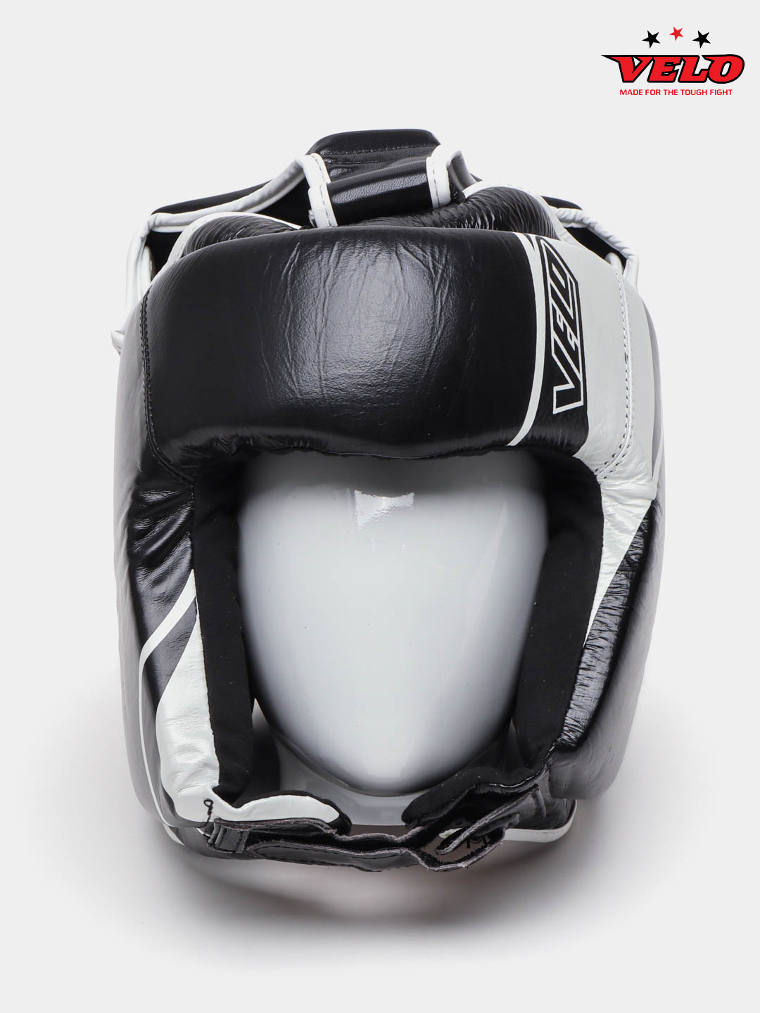 Боксерский профессиональный кожаный шлем: VELO S-XL Черный и белый-XL — фото 1
