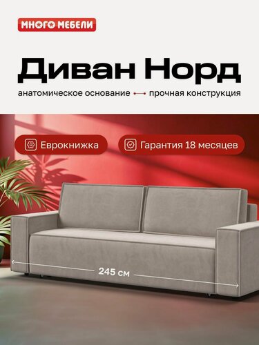 Изображение товара Диван-кровать с ящиками для хранения Норд Много Мебели, еврокнижка, велюр Монолит латте, 245х100х95 см