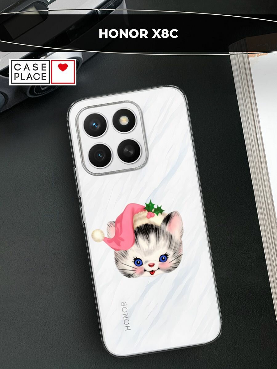 Чехол на Honor X8c / Хонор X8c с принтом "Котик в шапке", прозрачный
