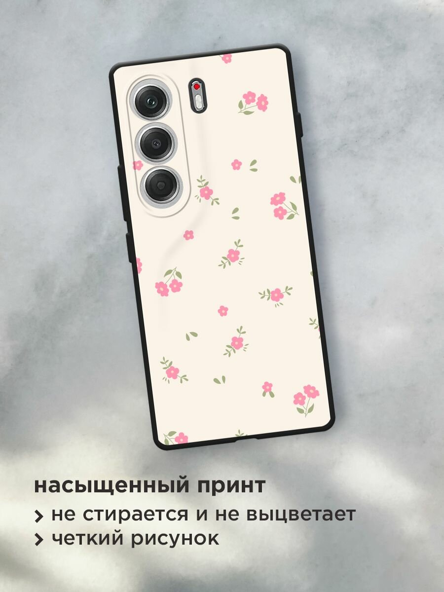 Черный матовый чехол на Tecno Camon 40 / Текно Камон 40 с принтом "Розовые цветочки на бежевом" — фото 1