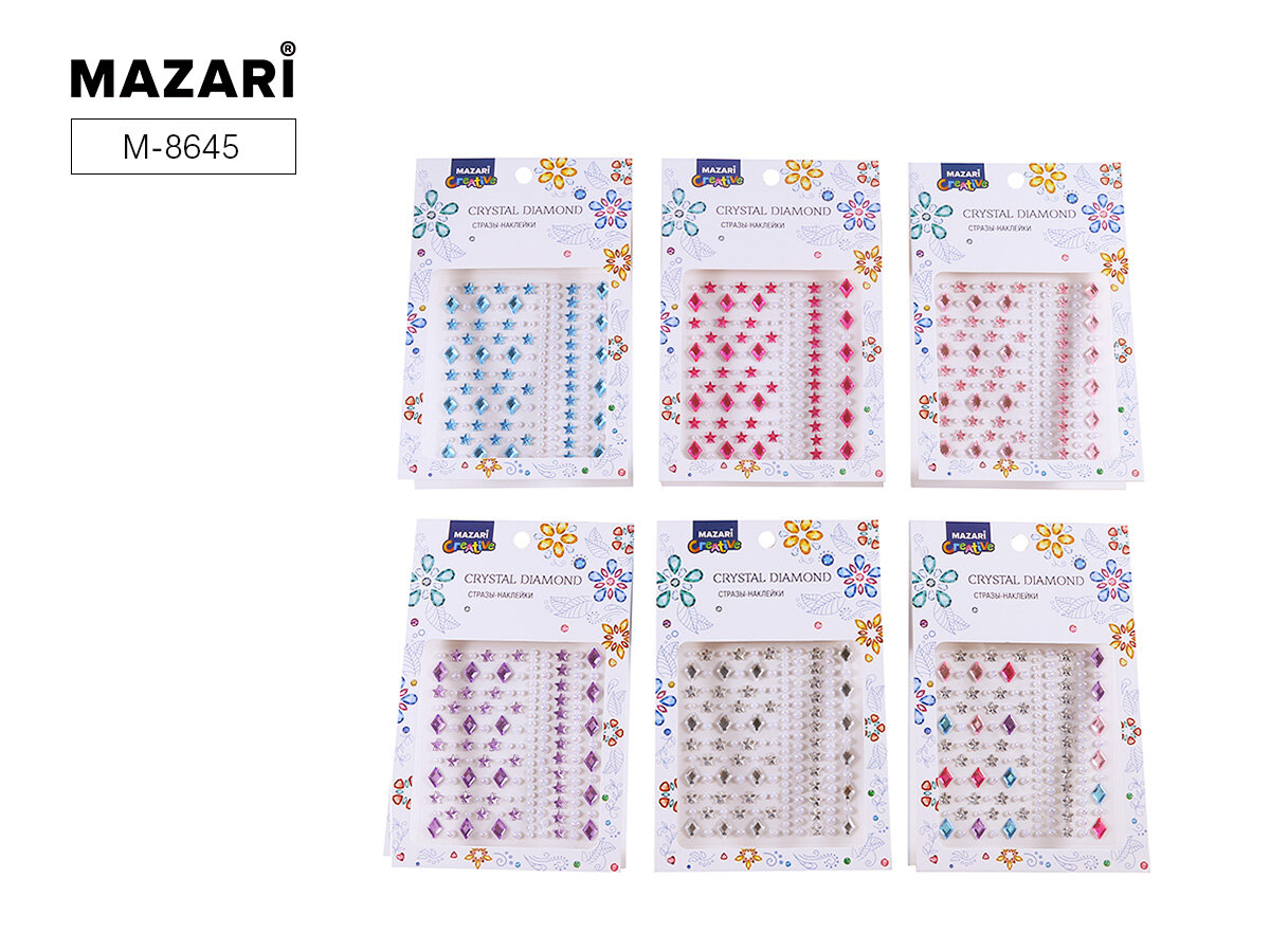 Стразы самоклеящиеся акриловые ассорти 6 дизайнов 10,4х16см MAZARI M-8645