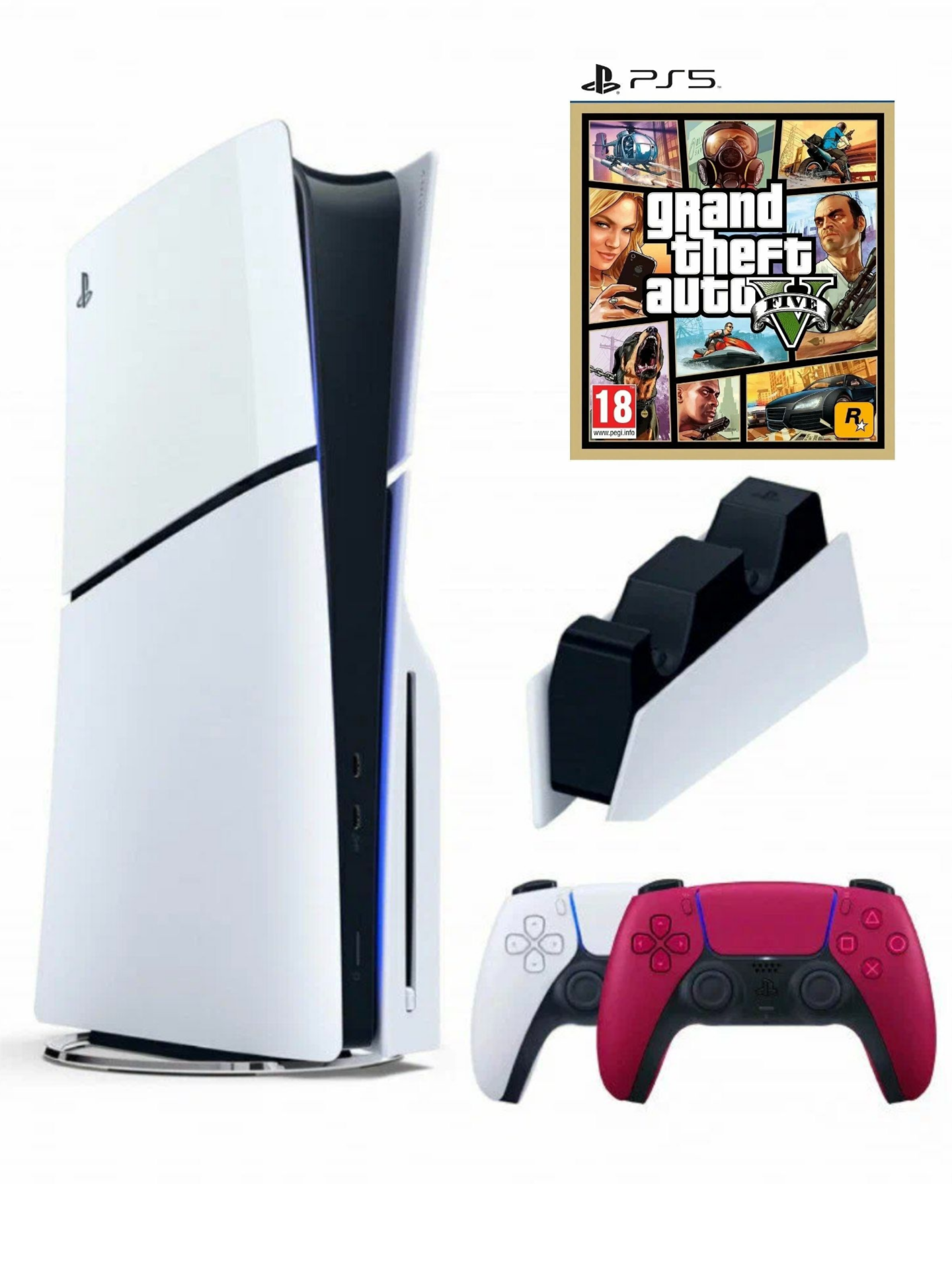 PS5 (ПС5) Игровая приставка Sony PlayStation 5 Slim + 2-й геймпад красный + зарядное+ игра GTA5