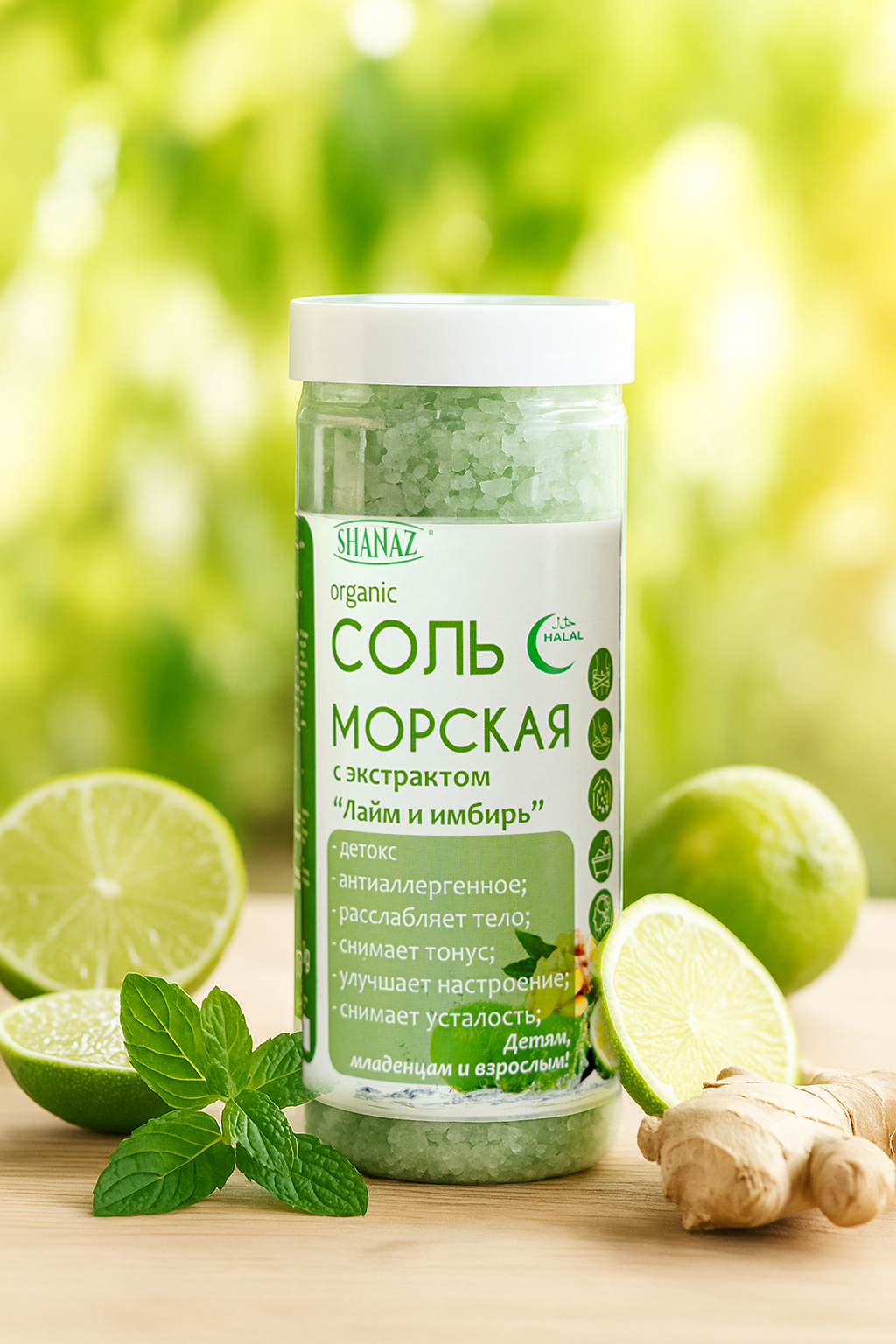 Морская соль с экстрактом "Лайм и имбирь", 600 г "SHANAZ" из Аральского моря — фото 1