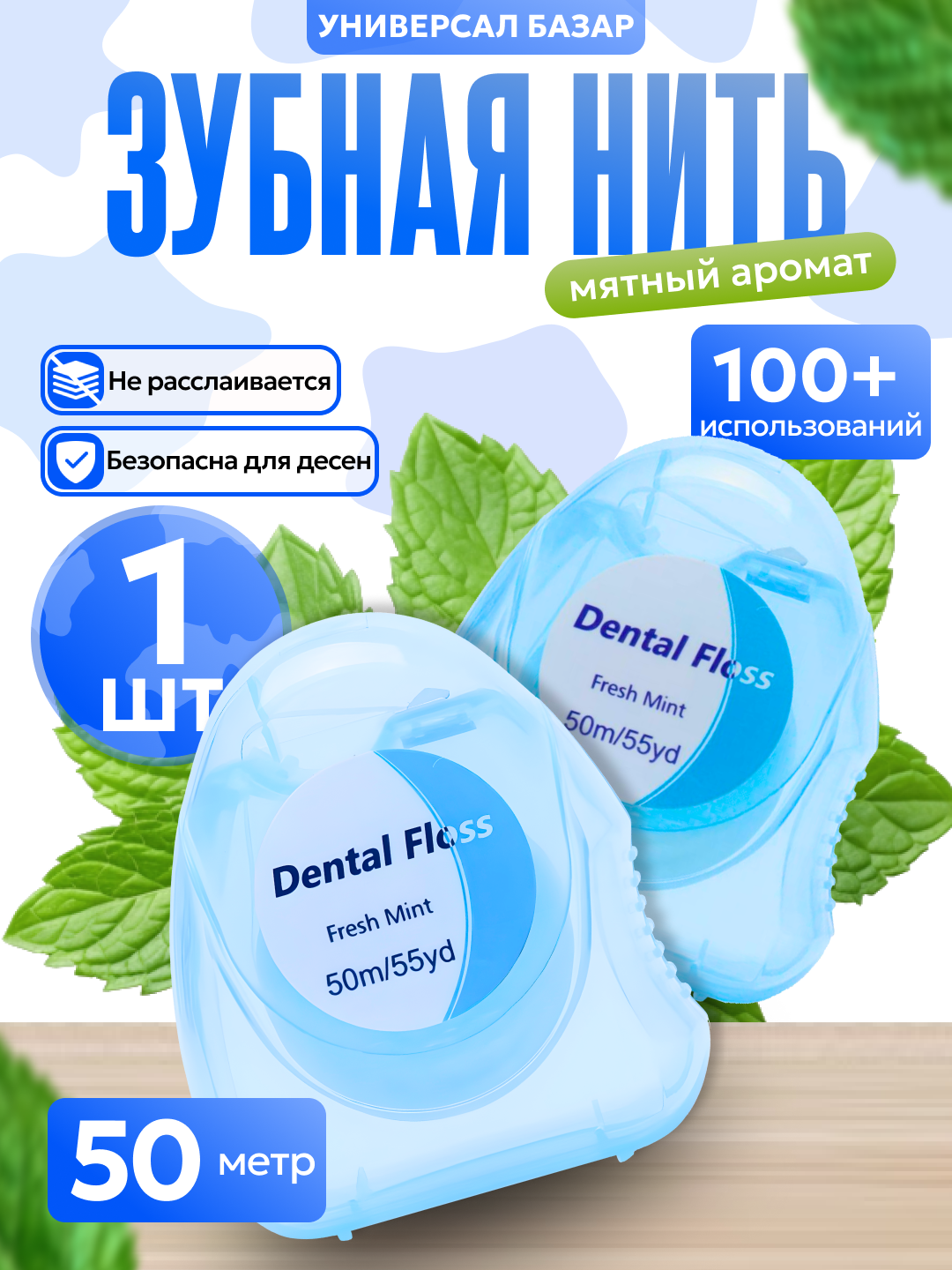 Зубная нить вощеная, тонкая, со вкусом мяты, для ежедневного ухода, 50 метров (синий)