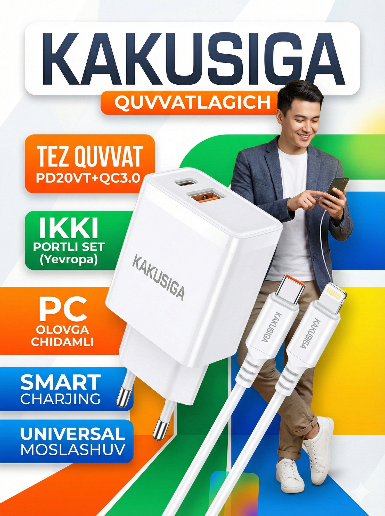 Сетевое зарядное устройство KAKUSIGA KSC-1253, быстрая зарядка, Type-C, для iPhone, белое — фото 1