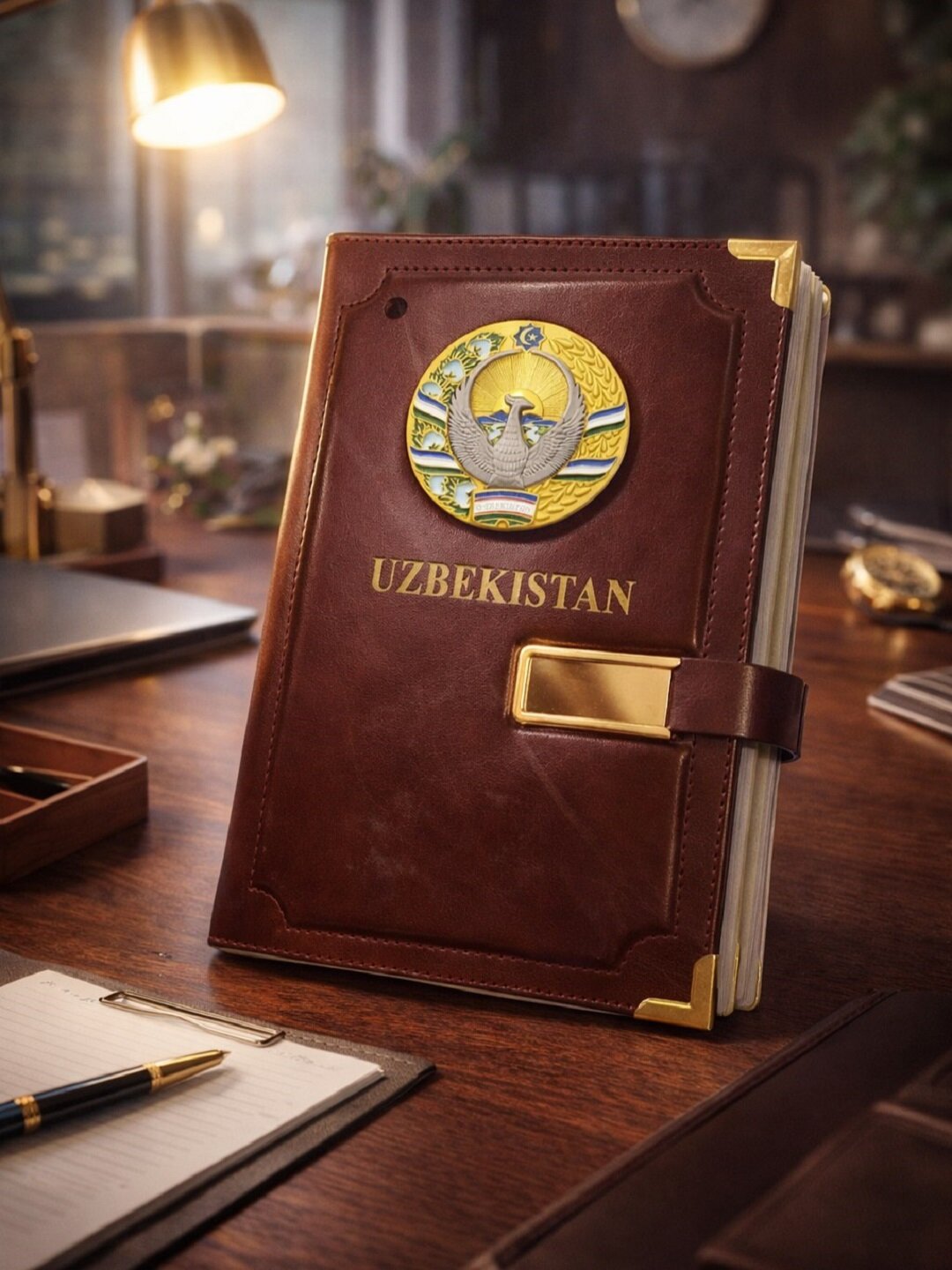 Блокнот – ежедневник в кожаной обложке с гербом Узбекистана (A5)