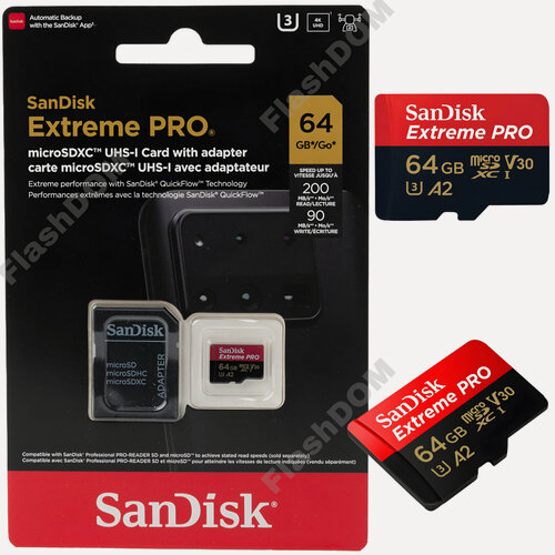 Изображение товара Карта памяти SanDisk Extreme PRO microSDXC 64 ГБ Class 10 UHS-I U3, V30, A2 (R/W 200/90 Mb/s) + SD адаптер